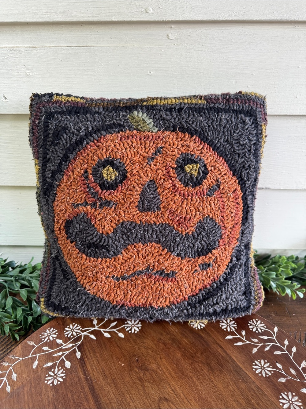 Vintage Handcrafted Orange Pumpkin Hooked Pillow - Home Holiday Accent